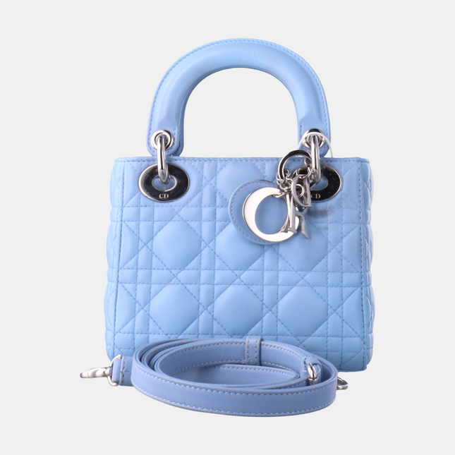 Lady Dior Mini Blue Cannage Lambskin Silver Hardware Crossbody Handbag