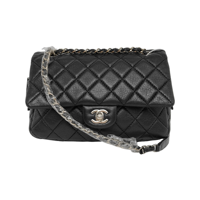 Chanel Medium Black Calfskin Leather Flap and Zipper Bag Silver Hardware, 2015-Luxbags