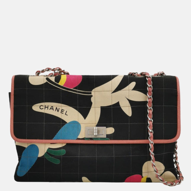 Chanel 2.55 Flap Bag Vintage Chocolate Bar Multipocket 2000 Large Black Fabric with Bird Print-Luxbags