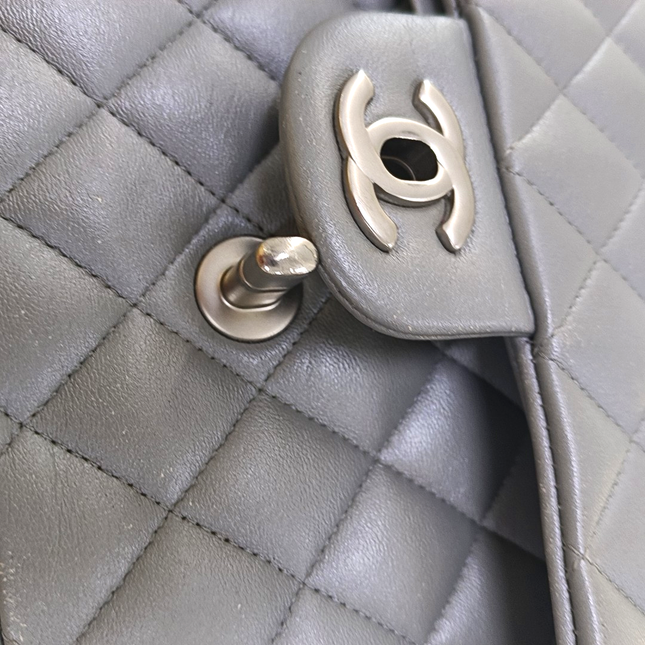 Chanel Timeless Classic Flap Medium Grey Lambskin Leather Silver Hardware