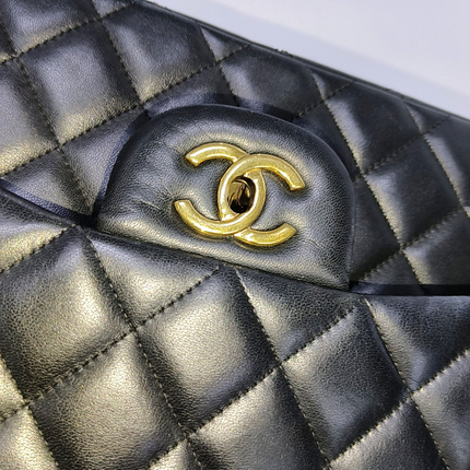 Chanel Classic Flap Jumbo Black Lambskin Leather Double Flap Gold Hardware