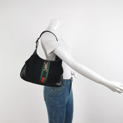 Gucci Jackie Vintage Medium Black Leather Suede Green Web Shoulder Bag