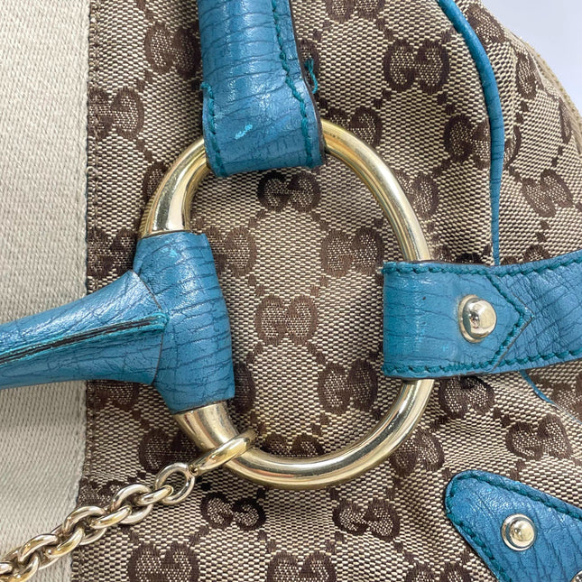 Gucci Horsebit Boston Bowling Handbag Monogram Canvas Blue Leather