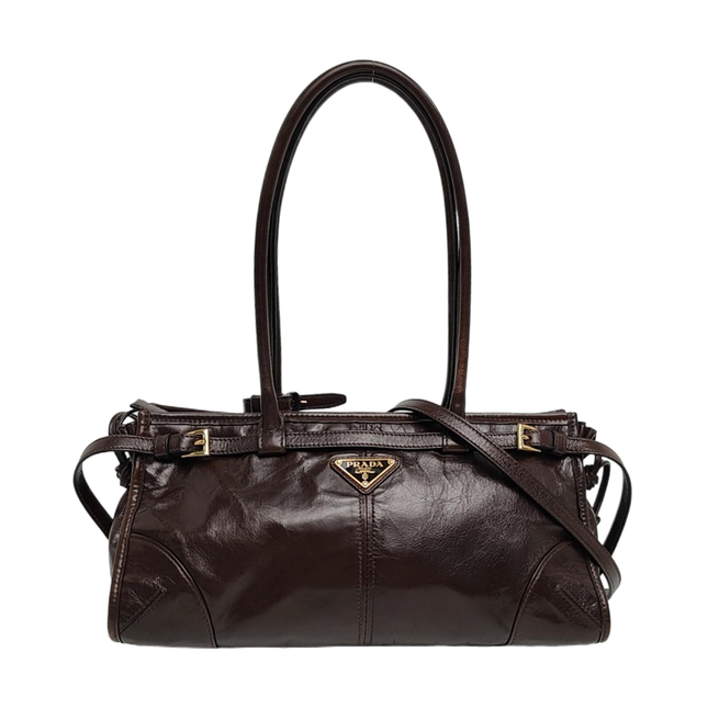 Prada Bonnie Medium Soft Lux Brown Shiny Calfskin Leather Shoulder Bag-Luxbags