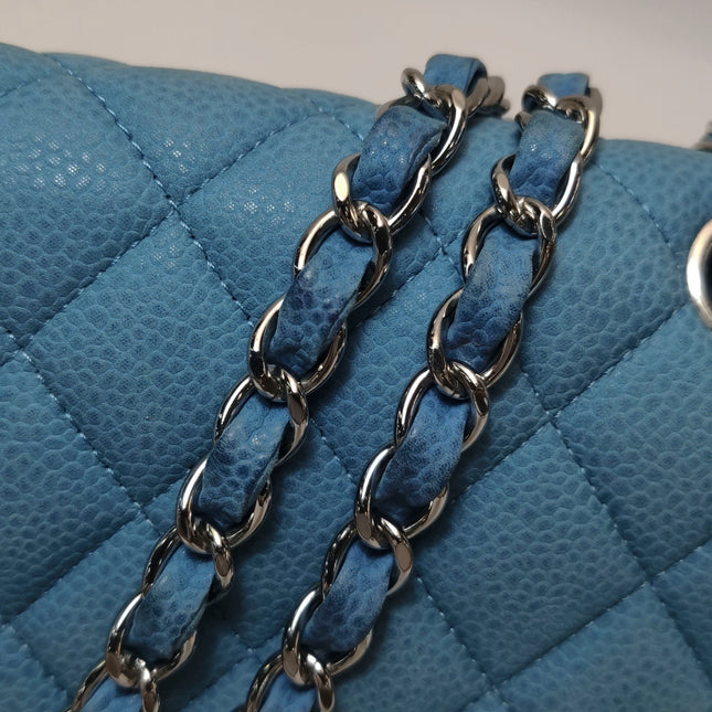 Chanel Timeless Classic Flap Medium Light Blue Caviar Leather Silver Hardware