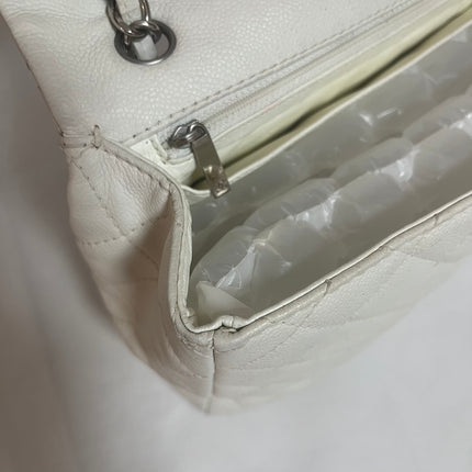Chanel Classic Flap Maxi White Caviar Leather Silver-tone Hardware Giant CC Logo
