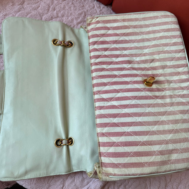 Chanel Vintage XXL Maxi Pink Striped Travel Flap Bag Canvas Gold Hardware