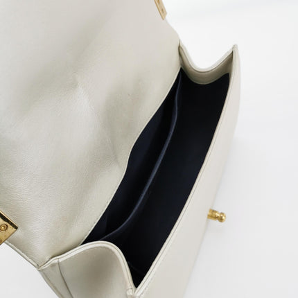 Chanel Le Boy Medium White Pearlescent Waffle Lambskin Leather Red Lock 2013-2014