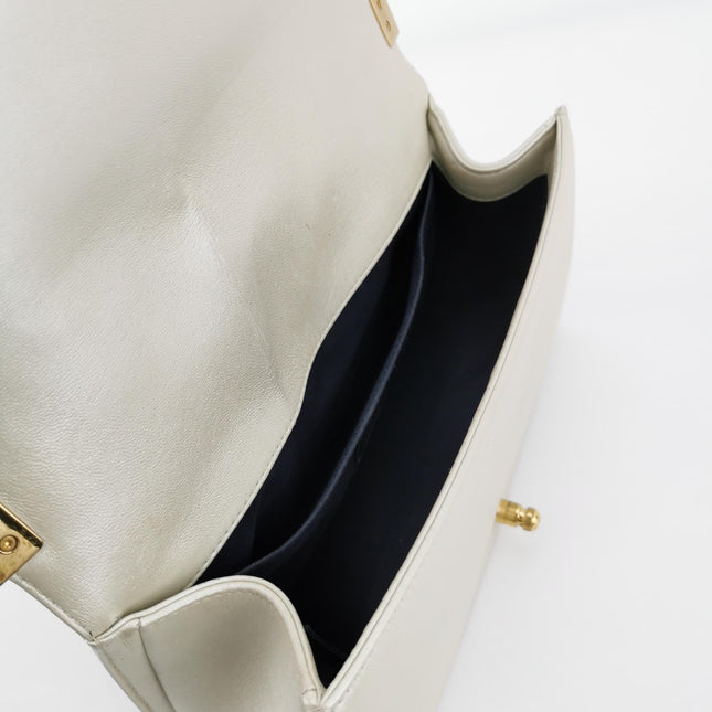 Chanel Le Boy Medium White Pearlescent Waffle Lambskin Leather Red Lock 2013-2014