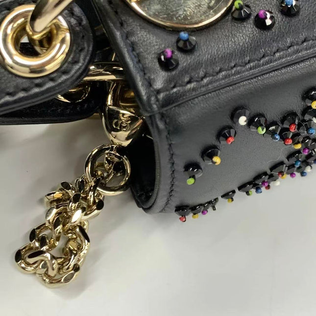 Lady Dior Mini Black Calfskin Leather with Multicolor Crystals Gold Hardware