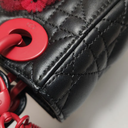 Lady Dior Mini Black Lambskin Leather Red Tulle Ruffle Heart Silver Hardware 2019