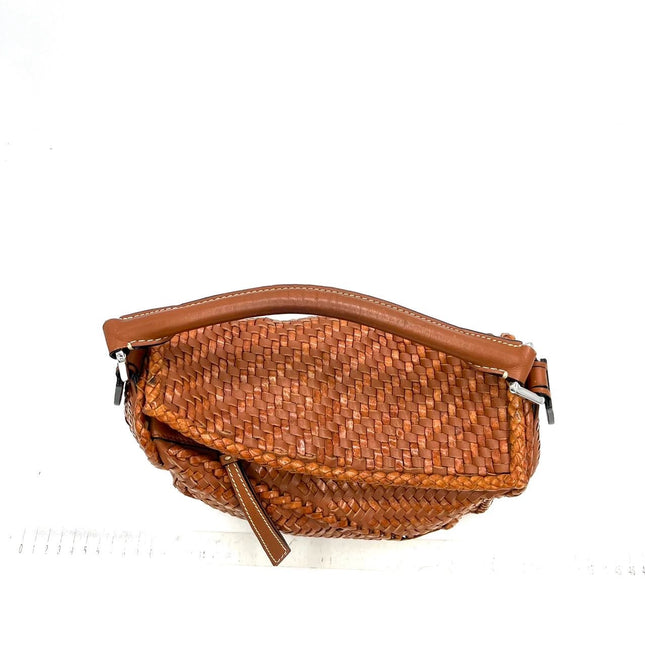 Loewe Puzzle Small Leather Woven Braided Caramel Tan Crossbody Bag