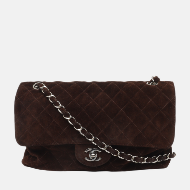 Chanel Classic Flap Medium Dark Chocolate Brown Suede Leather Silver HW, 1996-1997-Luxbags