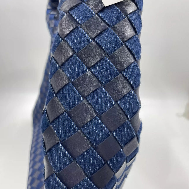 Bottega Veneta Hop Large Leather and Denim Intrecciato Navy Hobo Bag 55cm