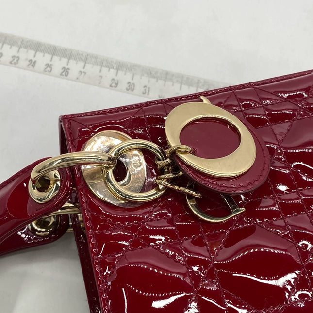 Lady Dior Mini Handbag Burgundy Red Patent Leather Gold-tone Chain Strap