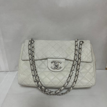 Chanel Classic Flap Maxi White Caviar Leather Silver-tone Hardware Giant CC Logo