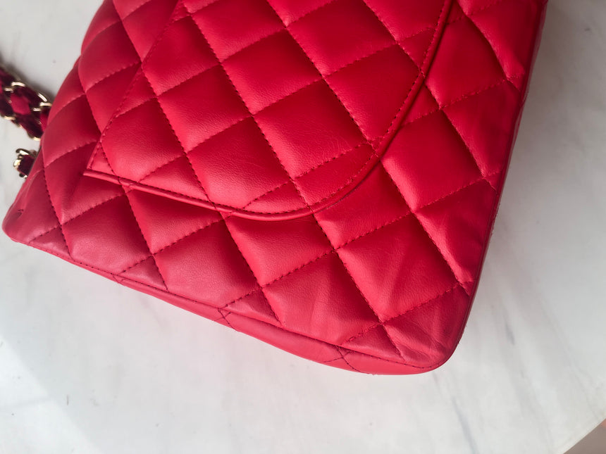 Chanel Classic Flap 2009 Large Red Leather Gold Hardware Velvet Chain Matelasse Strap