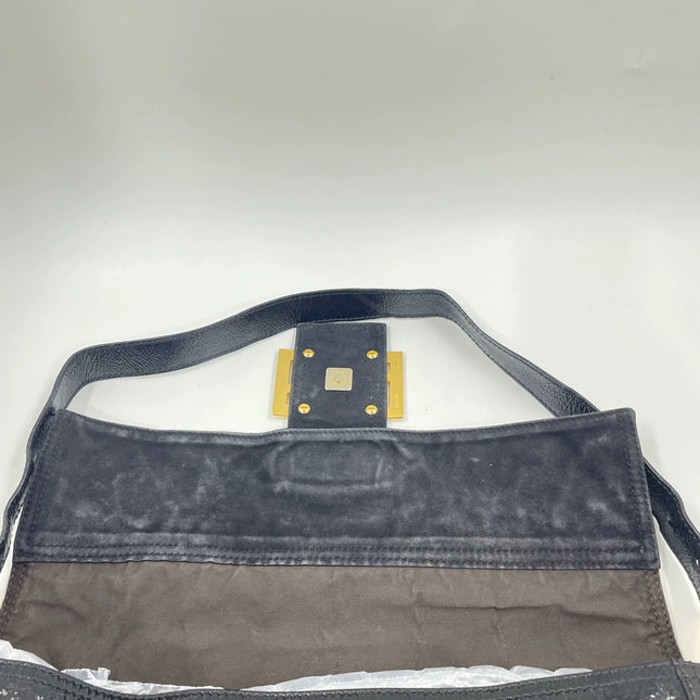 FENDI Baguette Large Black Crinkled Patent Leather Shoulder Bag