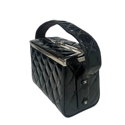 Chanel Vanity Case Vintage Black Patent Leather Silver Clasp Hardware