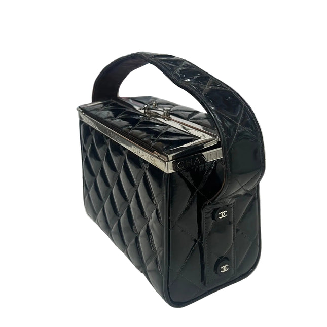 Chanel Vanity Case Vintage Black Patent Leather Silver Clasp Hardware