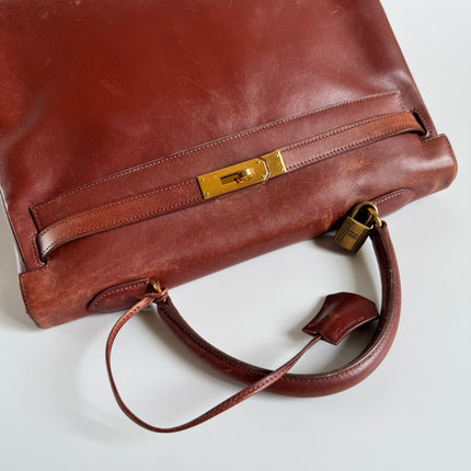 Hermes Kelly 35 Vintage Brown Box Calfskin Leather Gold Hardware 1995 With Strap Lock Key n Clochette