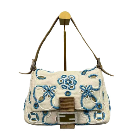Fendi Mamma Baguette Needlepoint White Canvas and Blue and White Stones Embroidery-Luxbags