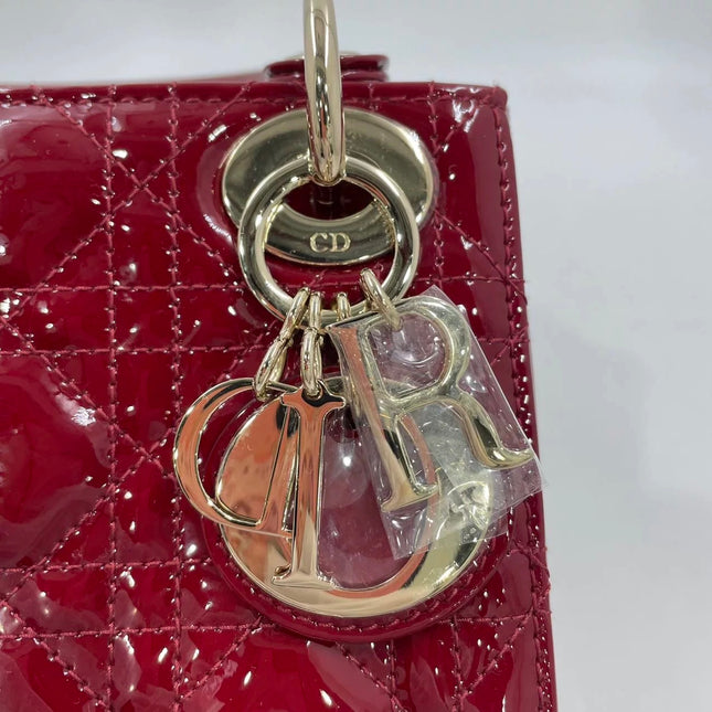 Lady Dior Mini Handbag 2021 Burgundy Red Patent Leather Gold-tone Chain Strap