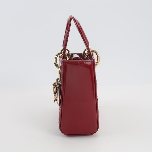 Lady Dior Mini 2019 Red Burgundy Patent Leather Gold Hardware Suede Interior Chain Strap
