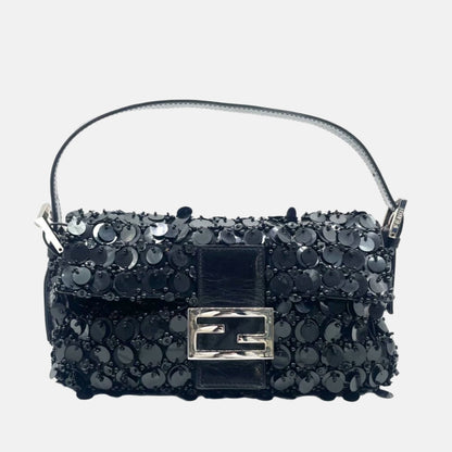 Fendi Baguette Black Swan Feather-like Sequins Beaded Shoulder Bag-Luxbags