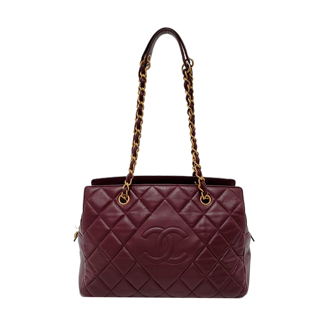 Chanel Petite Shopping Tote PTT Burgundy Lambskin Leather Gold-Tone Chain Shopping Bag-Luxbags