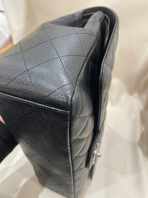 Chanel Classic Flap Maxi Black Caviar Leather Double Flap Sliver Hardware