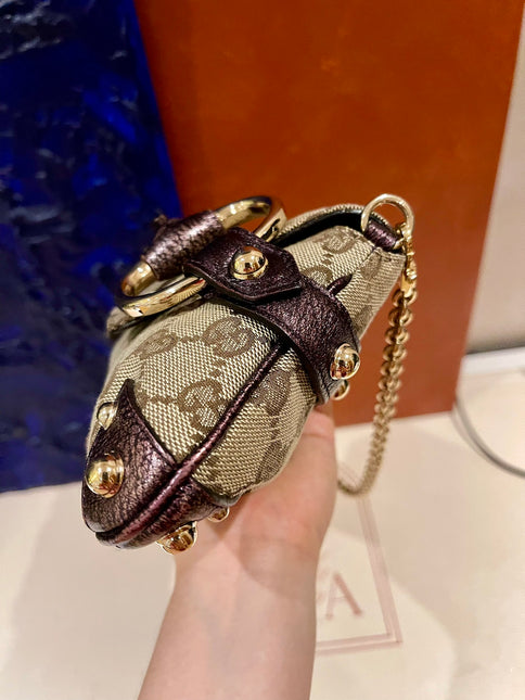 Sold Gucci Horsebit 1955 Chain Bag Gucci Monogram Iridescent Purple Leather and Gold Studs