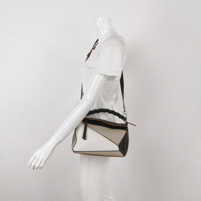 Loewe Puzzle Small Tricolor Black Grey Calfskin Leather Braided Handle Crossbody Bag