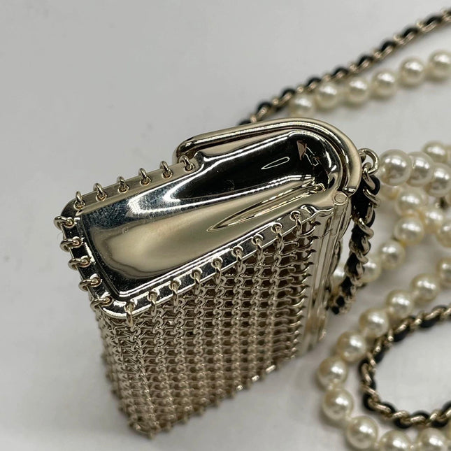 Chanel Micro Flap Bag Charm Chain Long Necklace with Matelasse and Pearl Chain 102cm