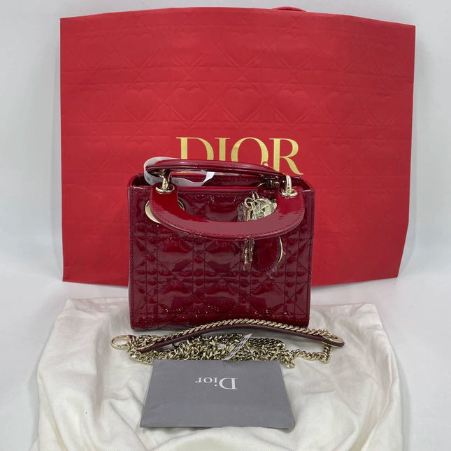 Lady Dior Mini Handbag Burgundy Red Patent Leather Gold-tone Chain Strap 2020 Suede Interior