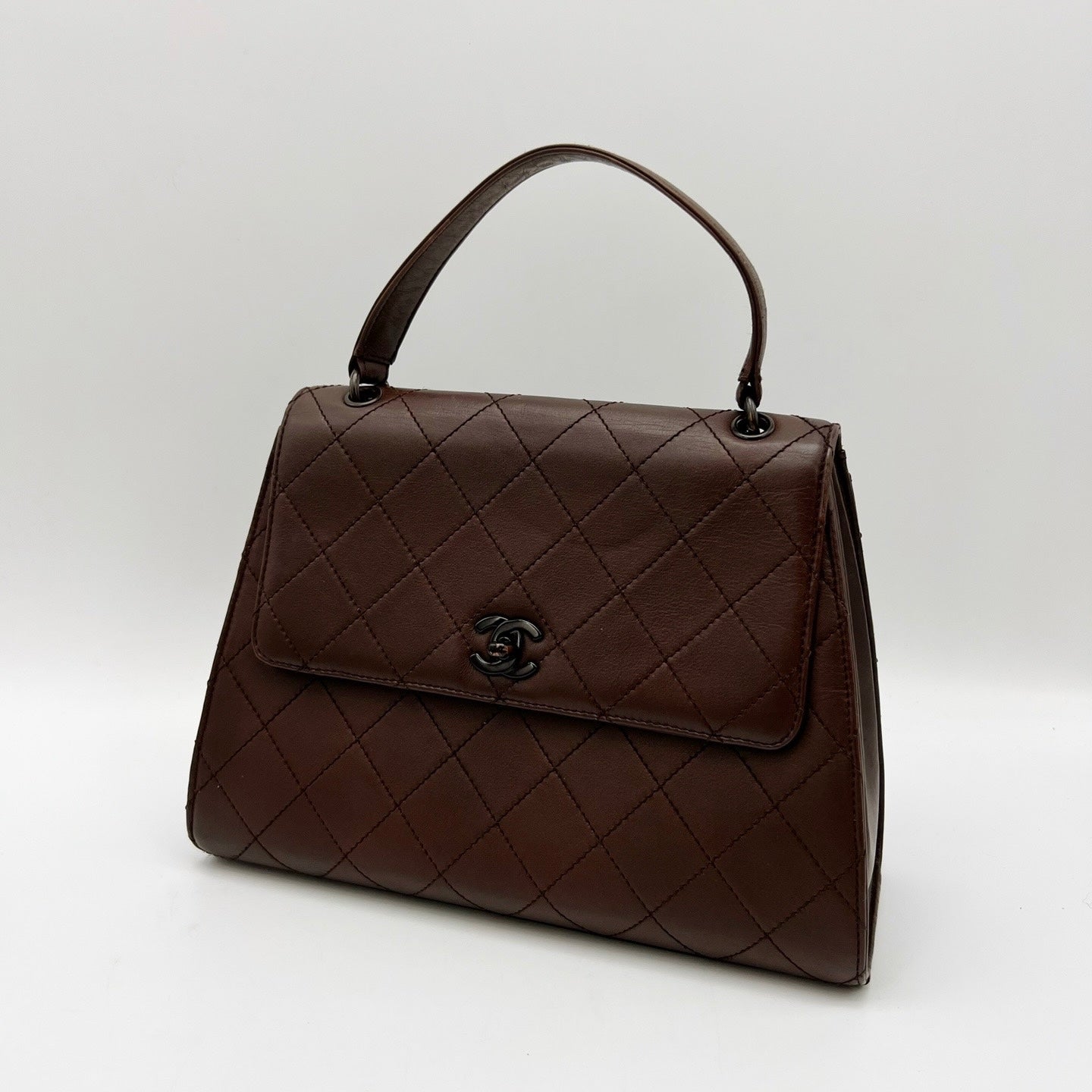 Chanel Vintage Top Handle Kelly Flap Bag Chocolate Brown Cannage Lambskin Leather 1997 1999