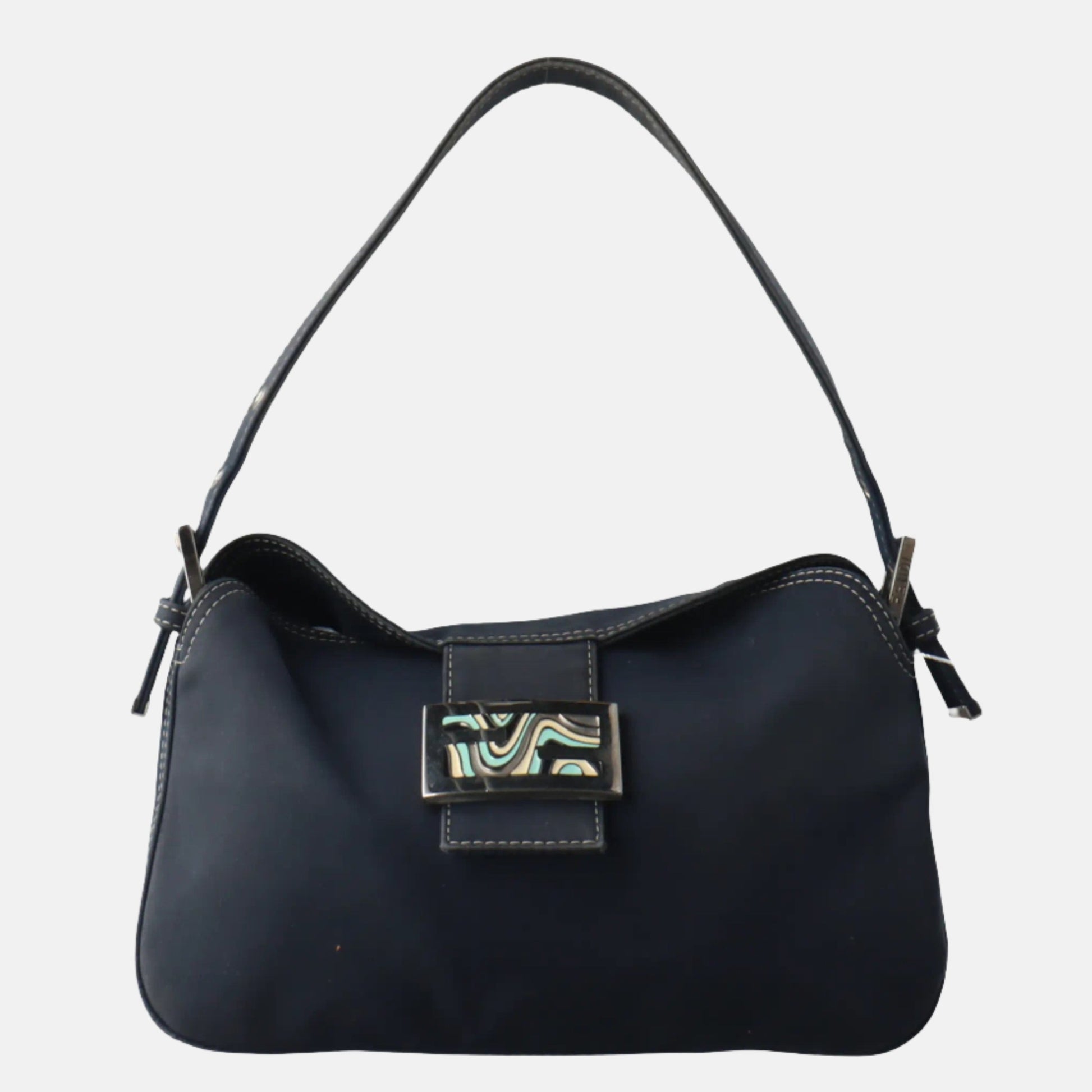 FENDI Baguette Blue Denim Navy Shoulder Bag with Enamel Buckle-Luxbags