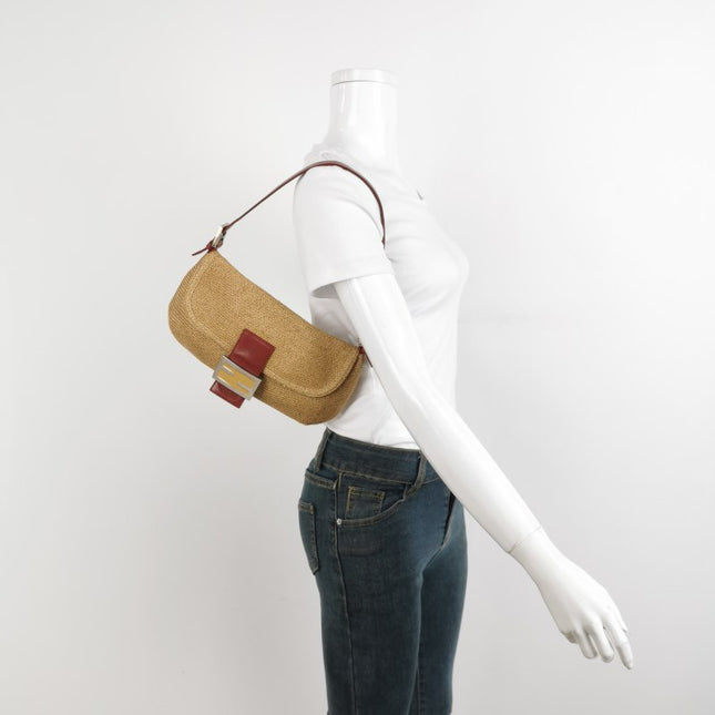 Sold Fendi Mamma Baguette Raffia Straw Shoulder Bag Red Leather Strap