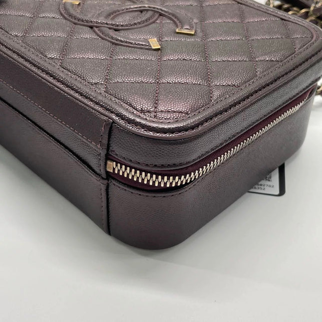 Chanel Filigree Medium Vanity Case Iridescent Burgundy Caviar Leather Top Handle with Chain