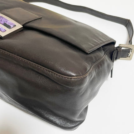 Fendi Mamma Baguette Chocolate Brown Lambskin Leather Silver Hardware