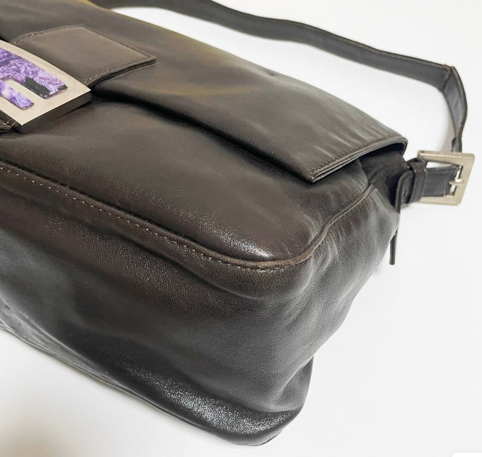 Fendi Mamma Baguette Chocolate Brown Lambskin Leather Silver Hardware
