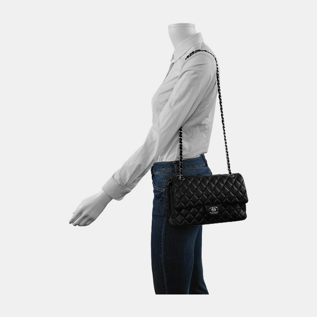 Chanel Timeless Classic Flap Medium Black Lambskin Leather Silver Hardware