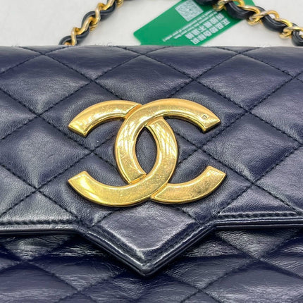 Chanel Vintage Classic Flap Mini Navy Lambskin Mega CC Logo 24k Gold HW, 1989-1991