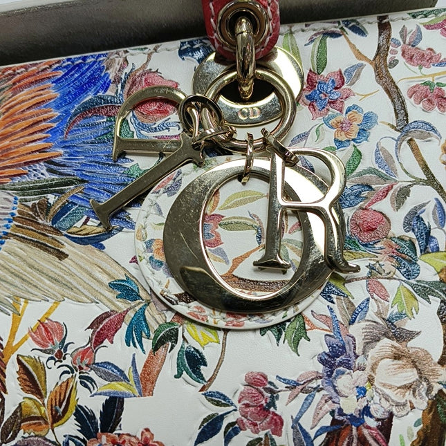 Lady D-Joy Medium Bird and Flower Embroidery Calfskin Leather