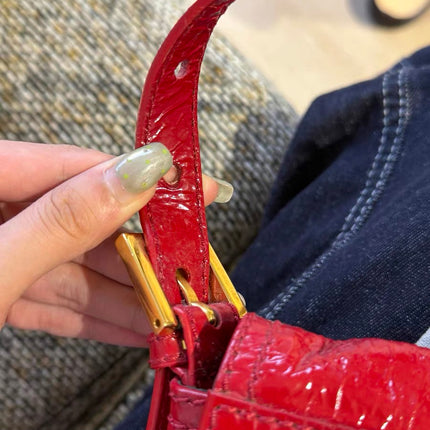 FENDI Baguette Red Crinkled Patent Leather Shoulder Bag