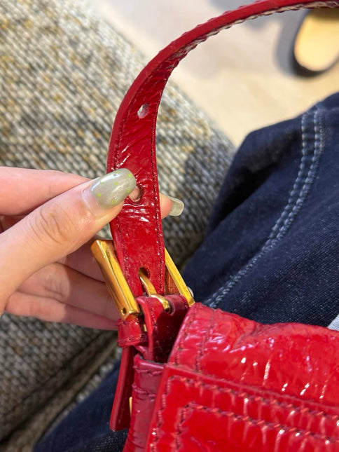 FENDI Baguette Red Crinkled Patent Leather Shoulder Bag