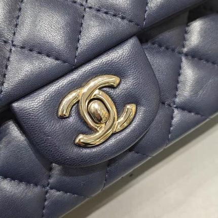 Chanel Classic Flap Mini Rectangular Navy Lambskin Leather Gold Hardware Microchip