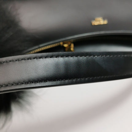 FENDI O Lock Black Leather and Faux Fur Shoulder Bag