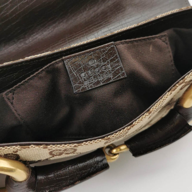 Sold Gucci Horsebit 1955 Chain Clutch Small Cloth Beige Monogram Brown Leather Shoulder bag