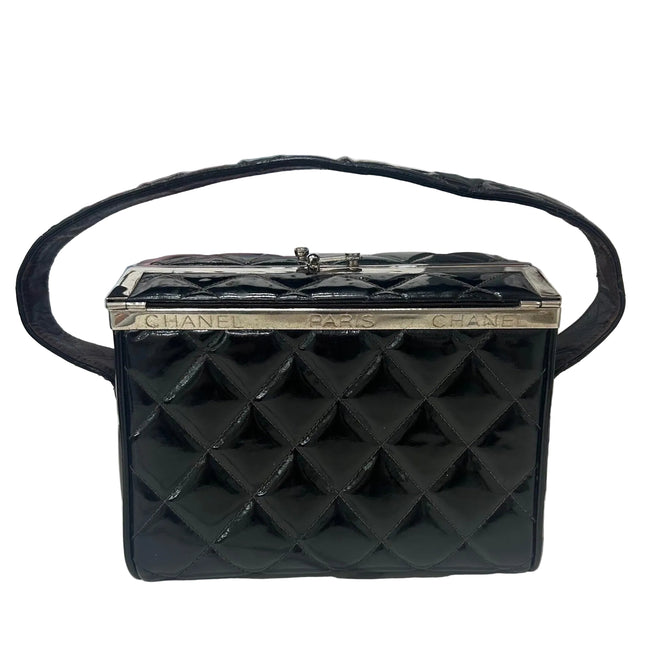 Chanel Vanity Case Vintage Black Patent Leather Silver Clasp Hardware-Luxbags